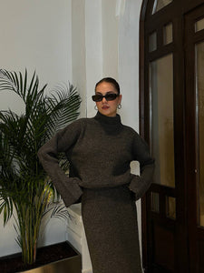 ENSEMBLE EN MAILLE PULL/JUPE-GRIS ANTHRACITE