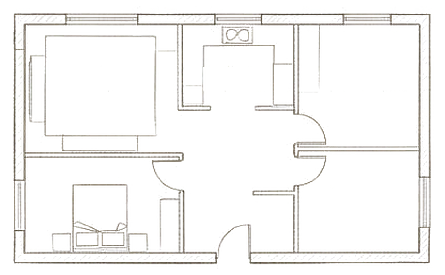 Plan d’un appartement de trois pièces avec salon, cuisine, chambres et bureau